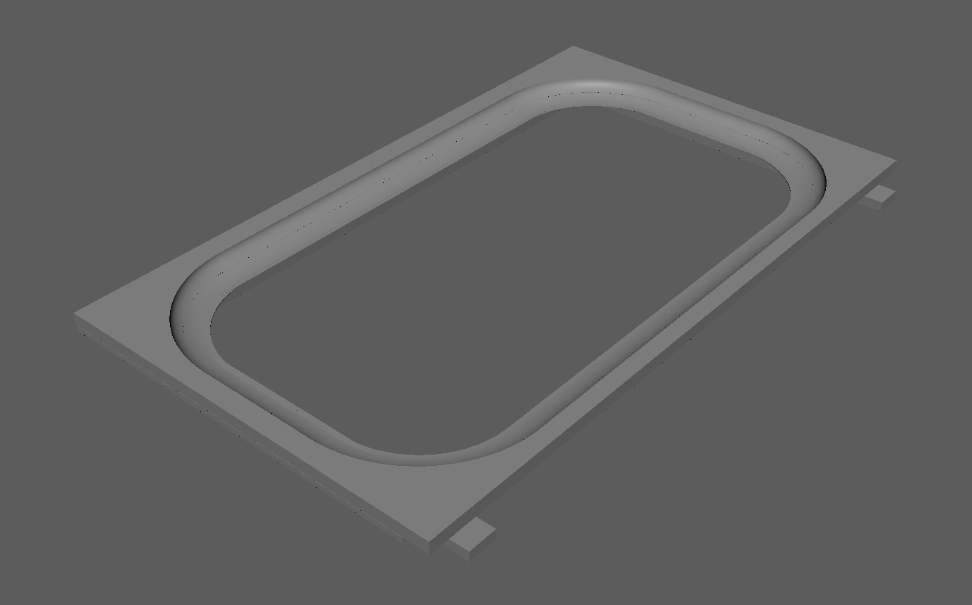 A shaded render of the arena: a flat rectangular plate with a rounded-rectangle ramp rising around its inner edge