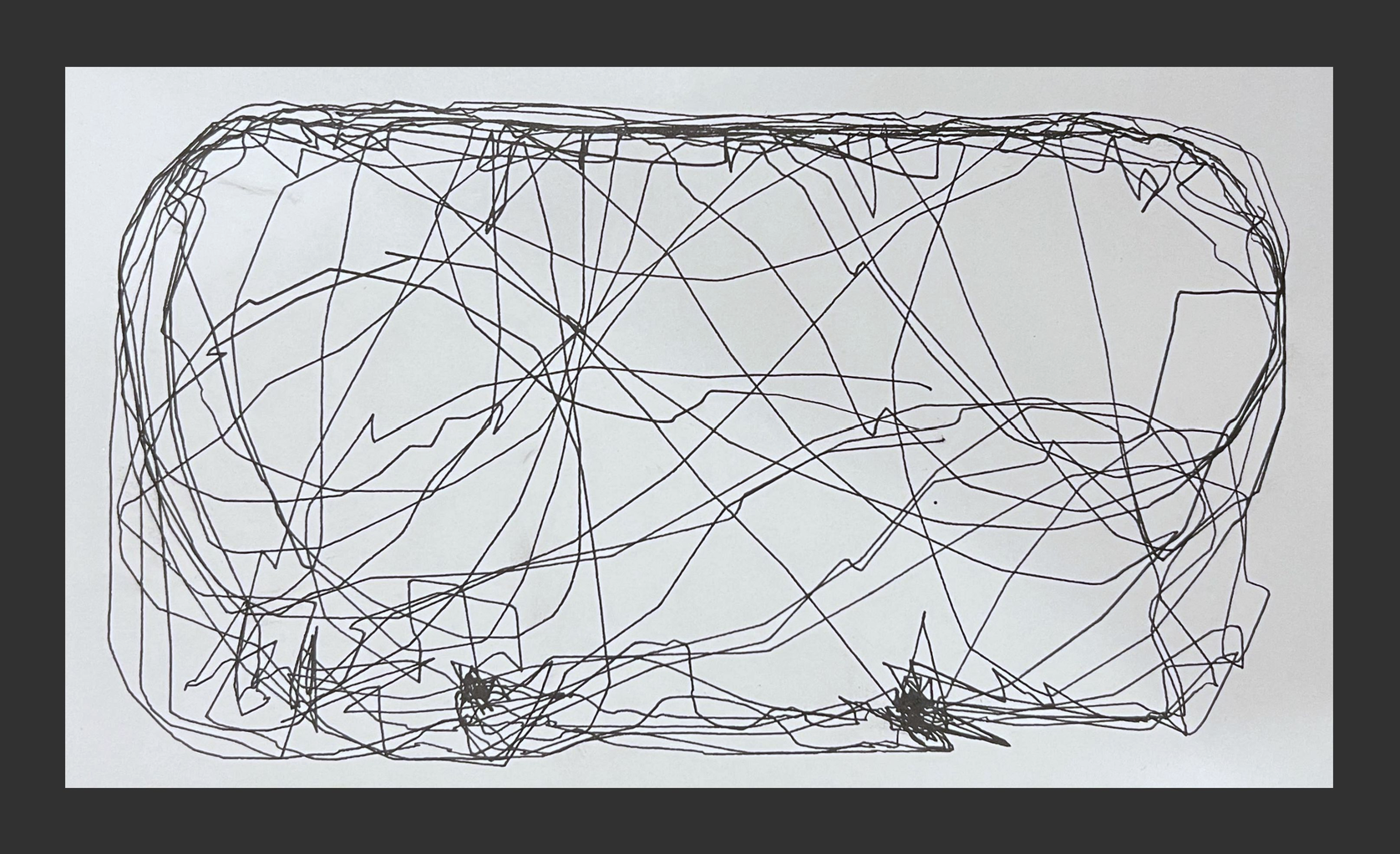 A finished drawing with a clear rounded-rectangle perimeter and two dense dark knots along the lower edge