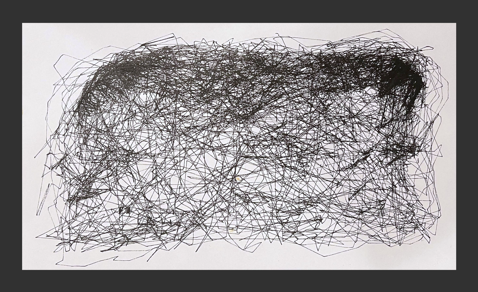 A very dense drawing with a solid black mass built up in the top-right corner