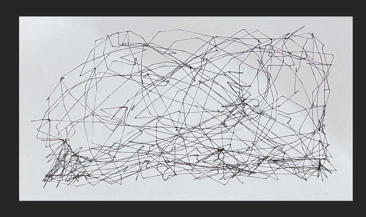 A finished Ball and Line drawing: an open tangle of straight strokes with small dark knots along the bottom edge