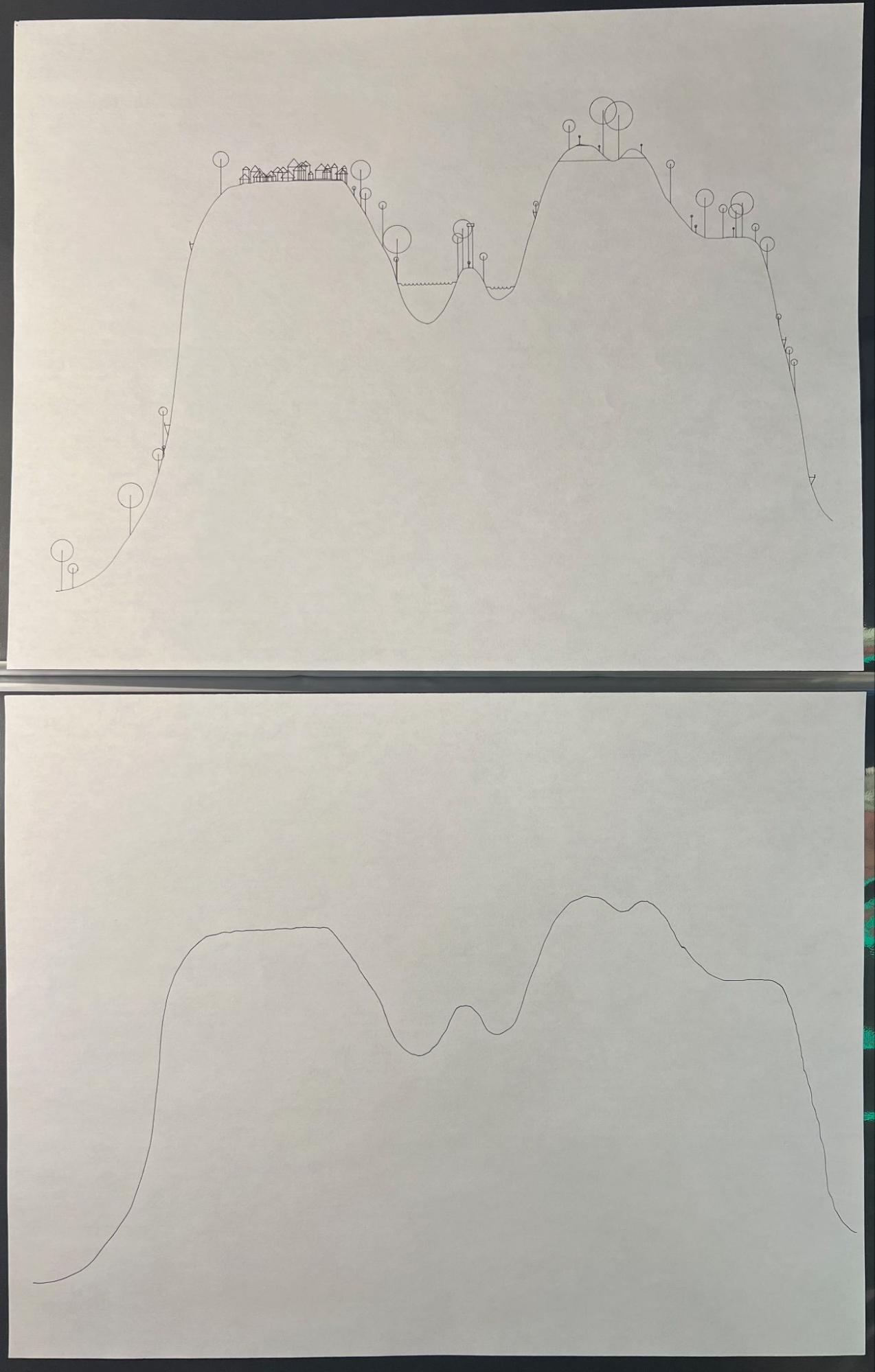 The machine’s doodled reinterpretation above, the participant’s original hand-drawn line below