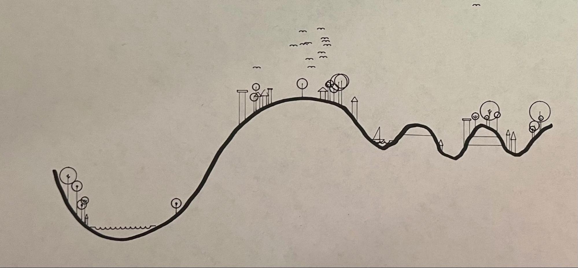 A finished in-place collaboration: a thick hand-drawn line populated with trees, a town, a boat and flocks of birds