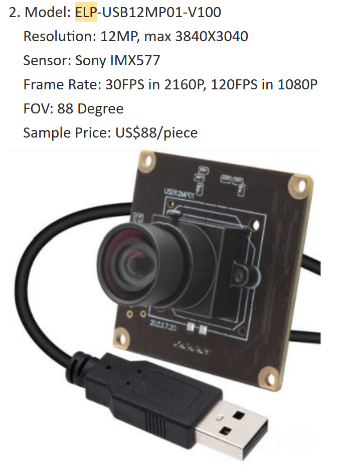 Specifications for the ELP-USB12MP01-V100 camera: 12MP, max 3840x3040, Sony IMX577 sensor