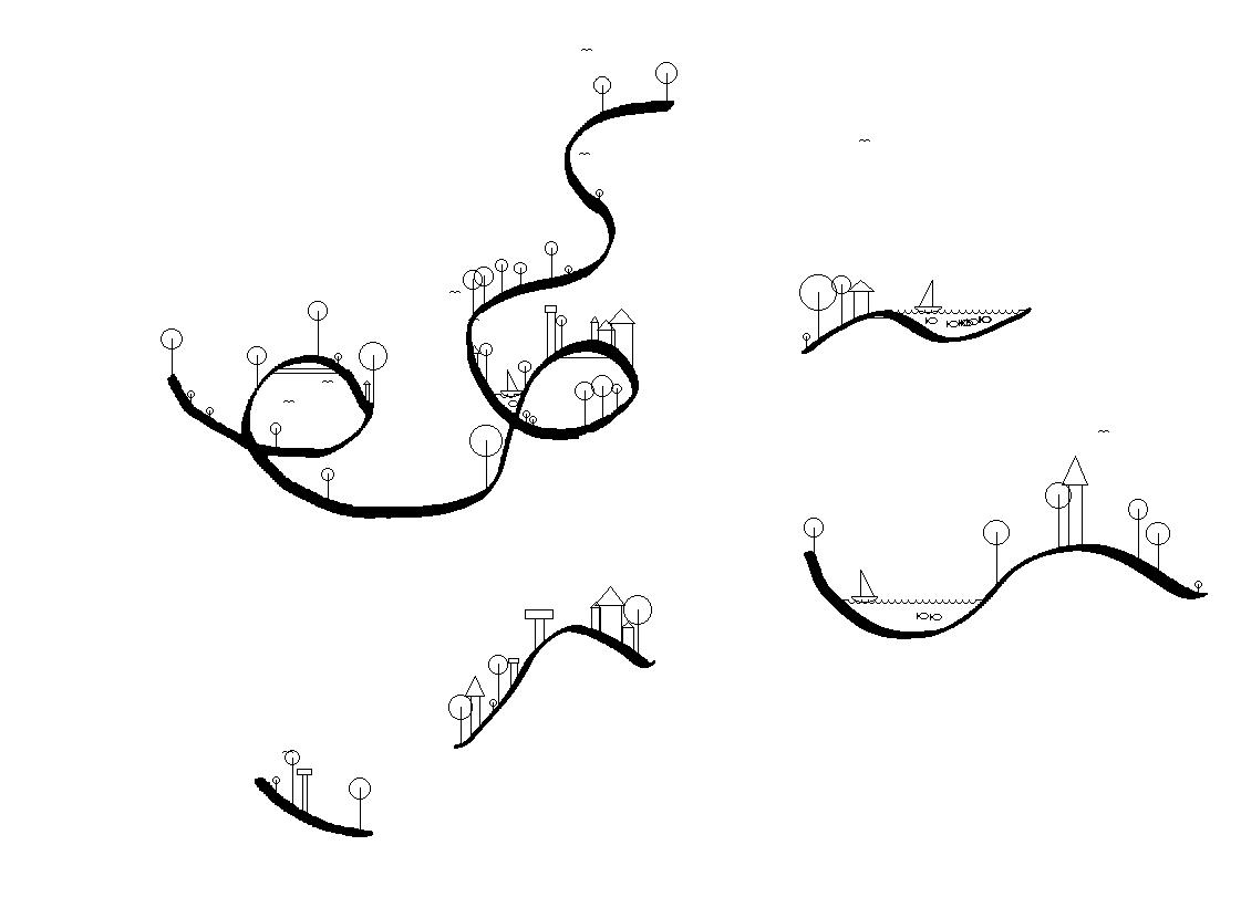 The same strokes populated with doodles, including landscapes placed inside the loops