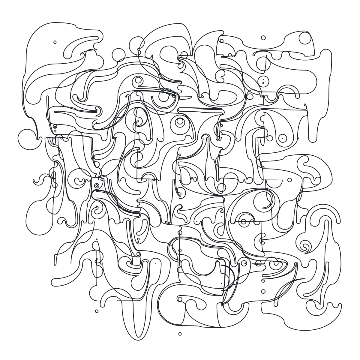 GenTruchet output on an 8 by 8 grid from a 200 position scribble: large, rounded shapes with smooth curves