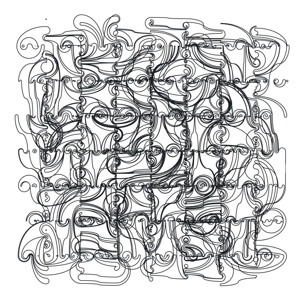GenTruchet output on an 8 by 8 grid from a 1000 position scribble: dense curves with rows of small half circles along the tile edges