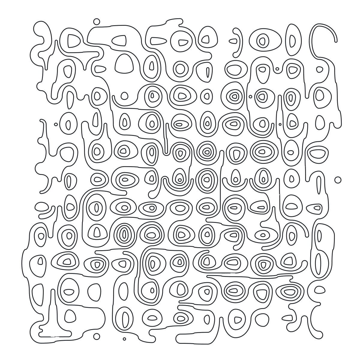 A full pattern on a 12 by 12 grid drawn as thin black lines on white, dense with nested closed curves and none of them touching