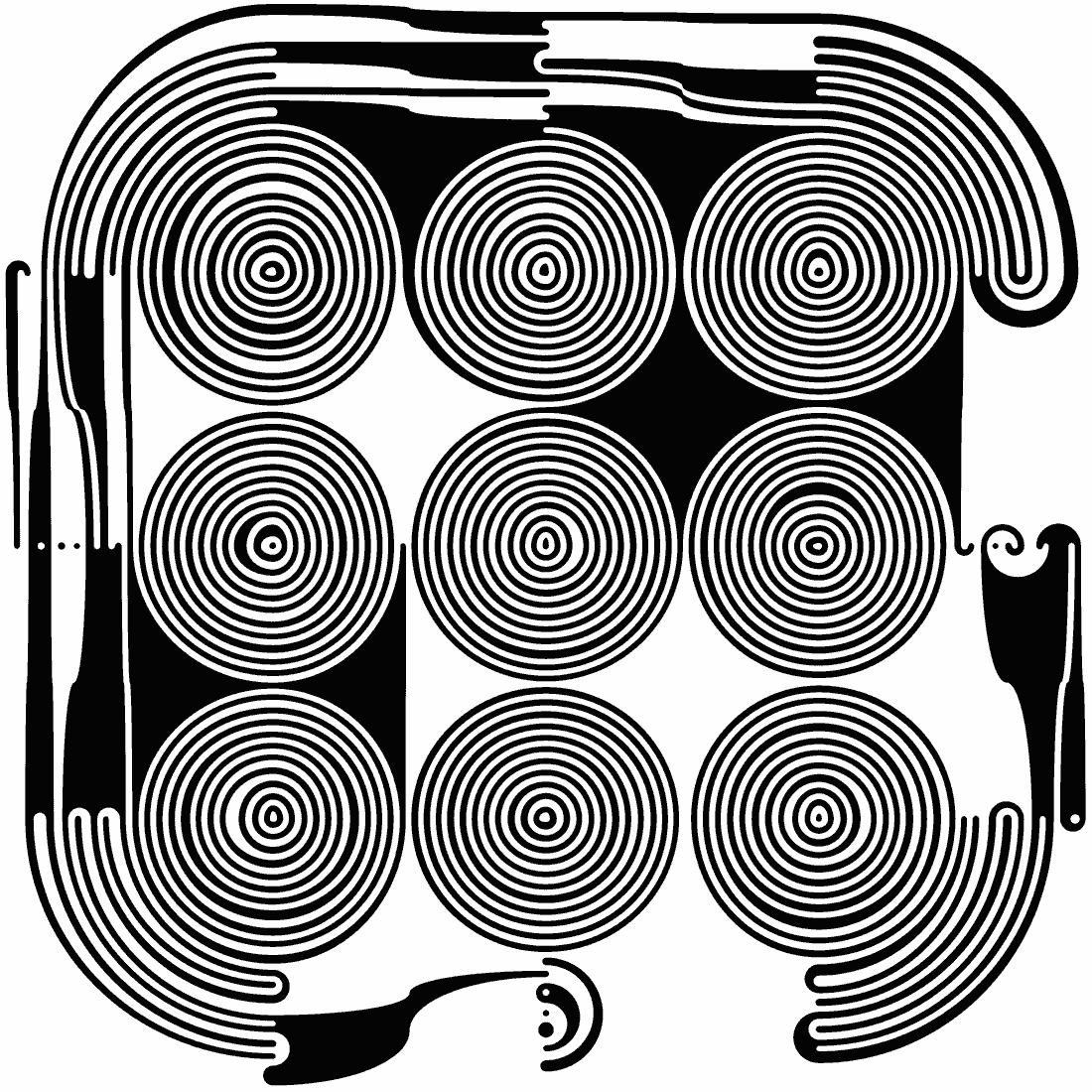 Output where the curves settle into a grid of concentric rings, nine of them in three rows