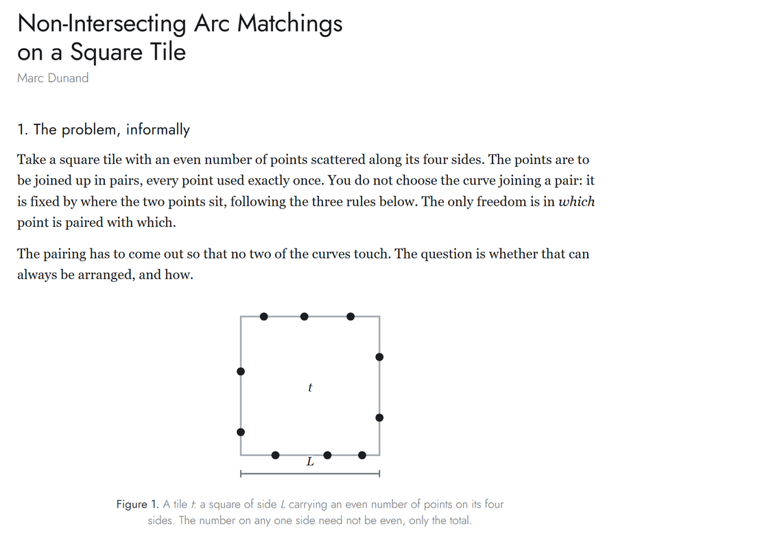 The first page of the problem statement, titled Non-Intersecting Arc Matchings on a Square Tile, with a diagram of a square tile carrying ten points on its four sides