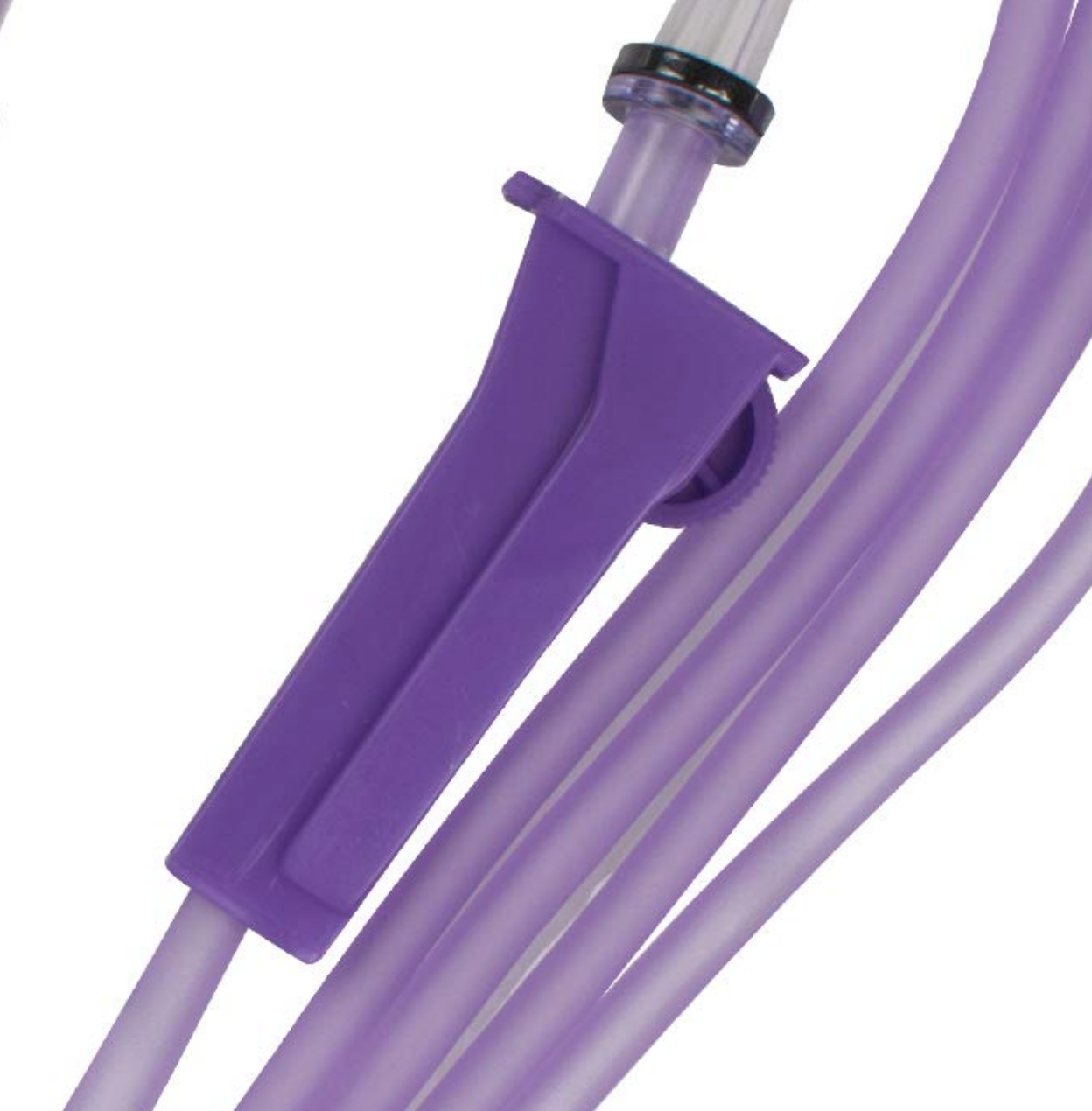 Product photo of the feeding bag’s purple roller clamp on its tubing