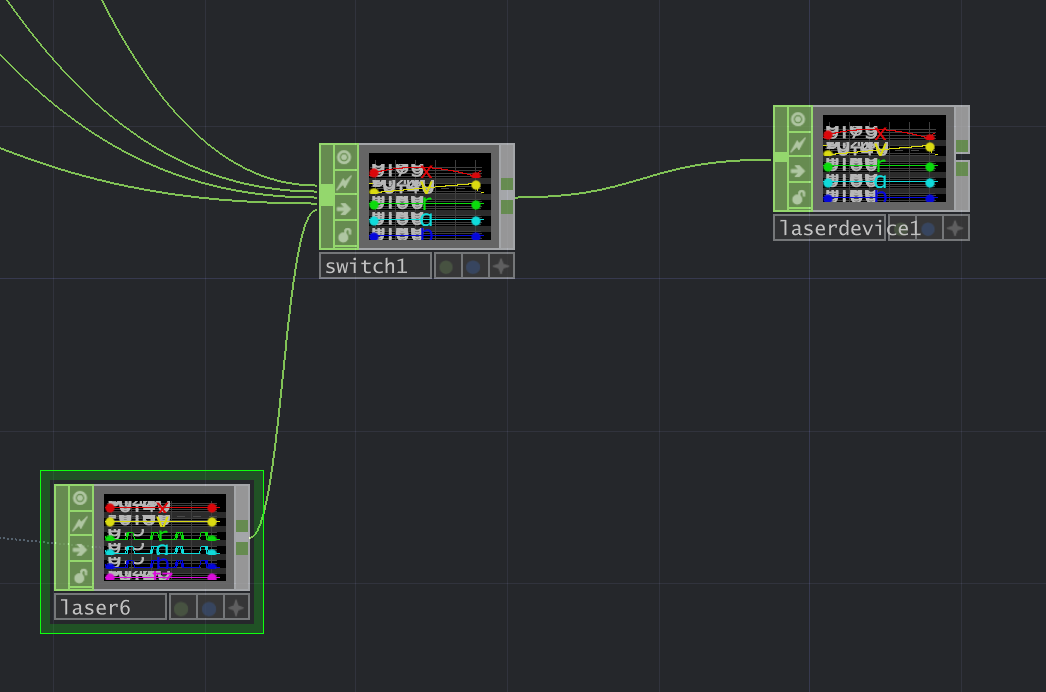 The TouchDesigner network: a laser CHOP feeding a switch CHOP, which feeds the laser device CHOP