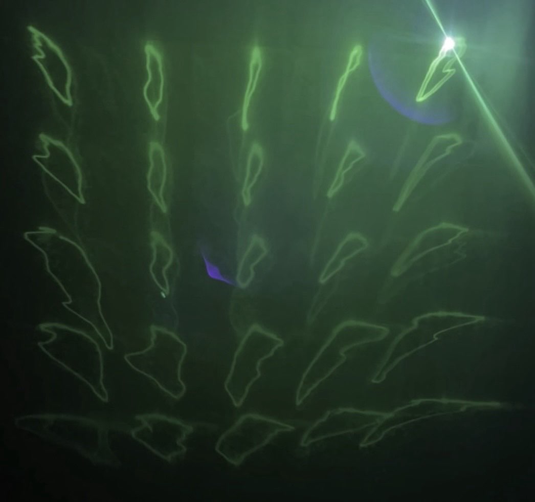 The completed field of 25 glowing blobs across the sail, each one recording the local motion of the fabric
