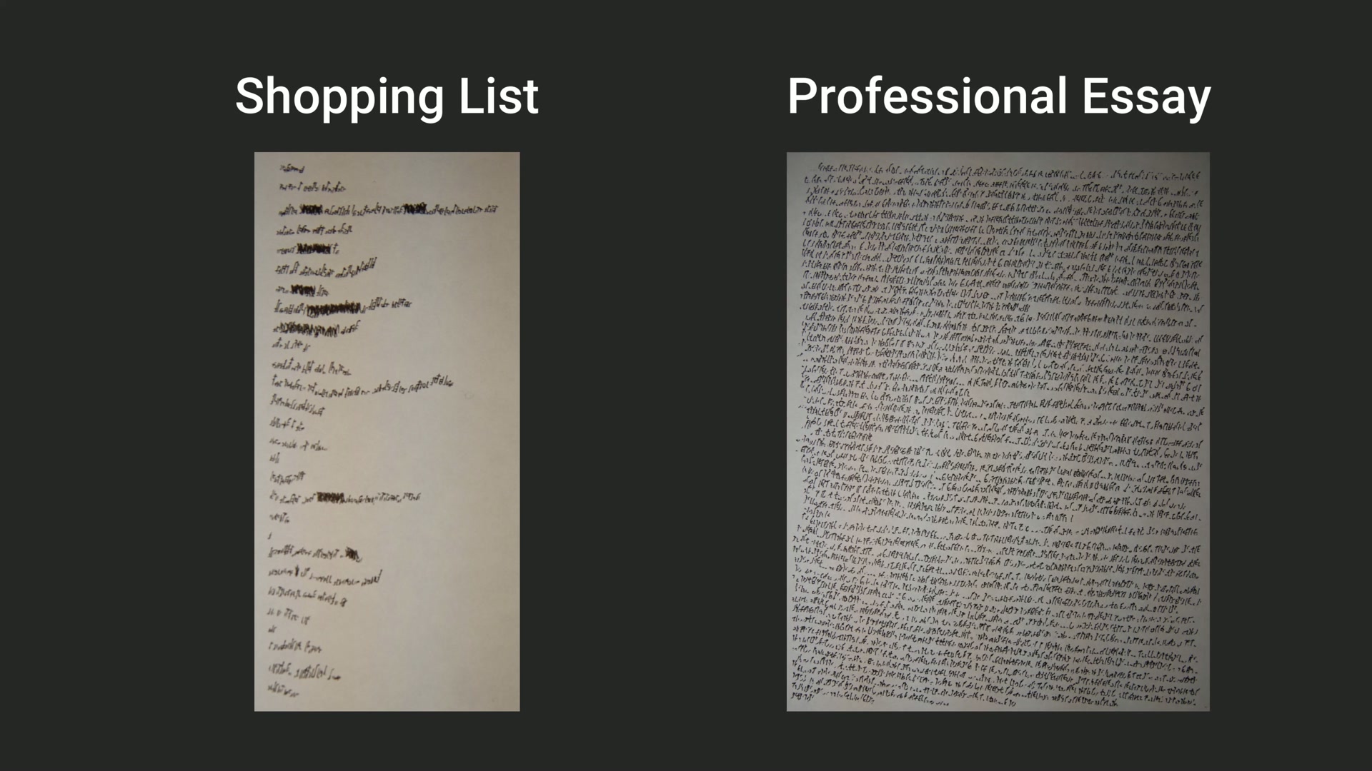 Plotted shopping list and professional essay styles side by side