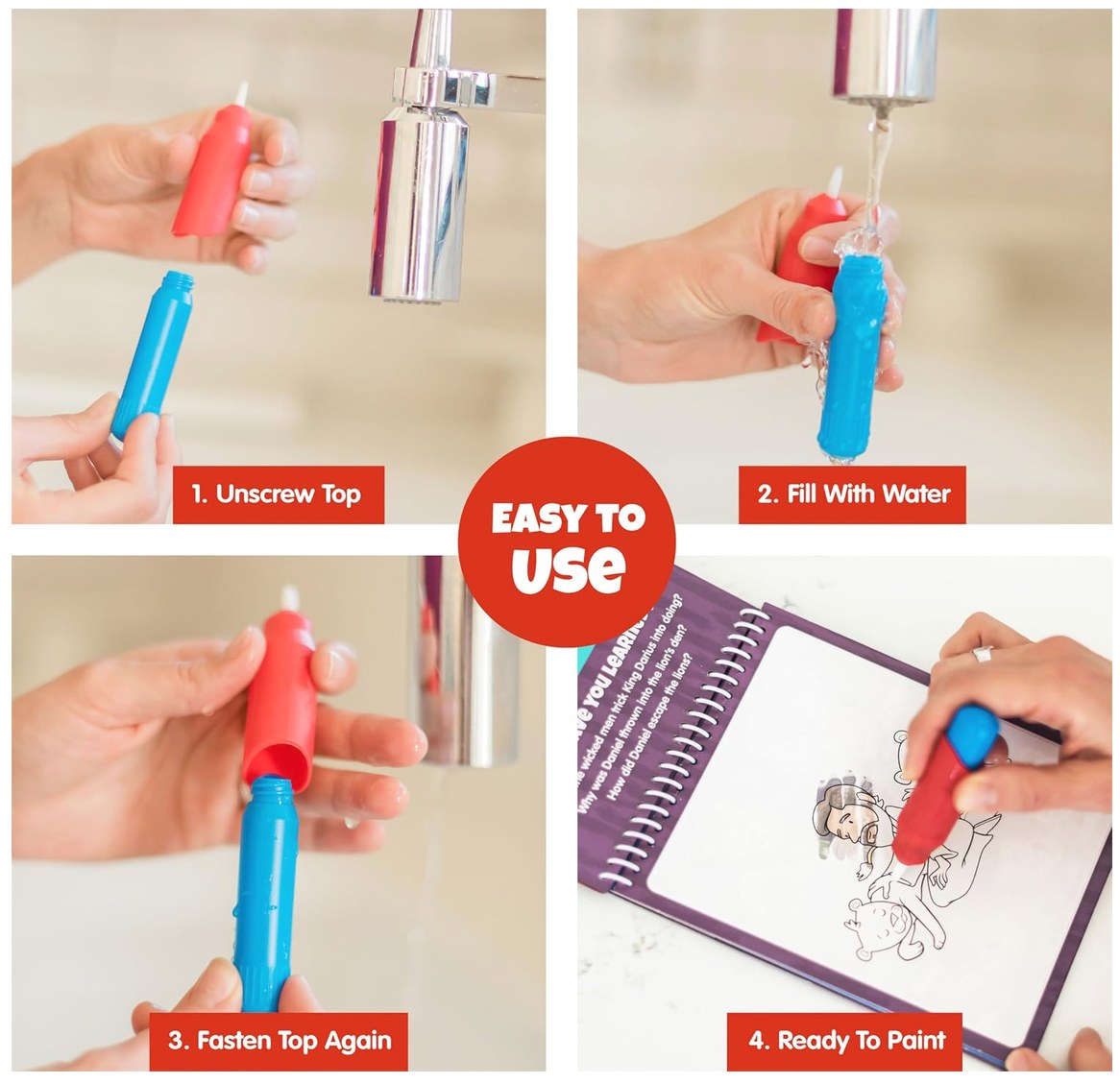 Product photos of a paint-with-water set: filling the brush and painting on the board
